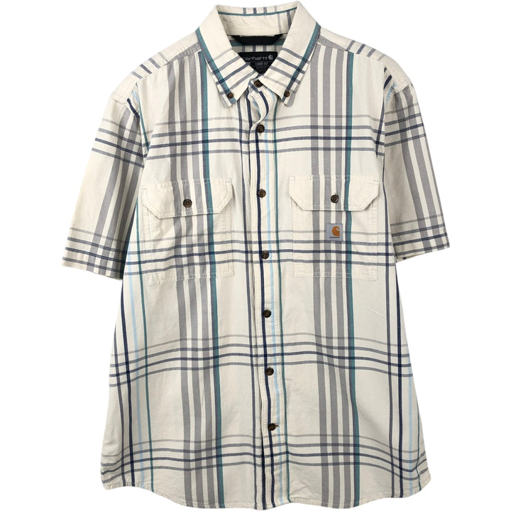 Carhartt Loose Fit Check Pattern Button-Down Short Sleeve Work Shirt, Men's Size Medium unclear ivory Vintage Second Hand