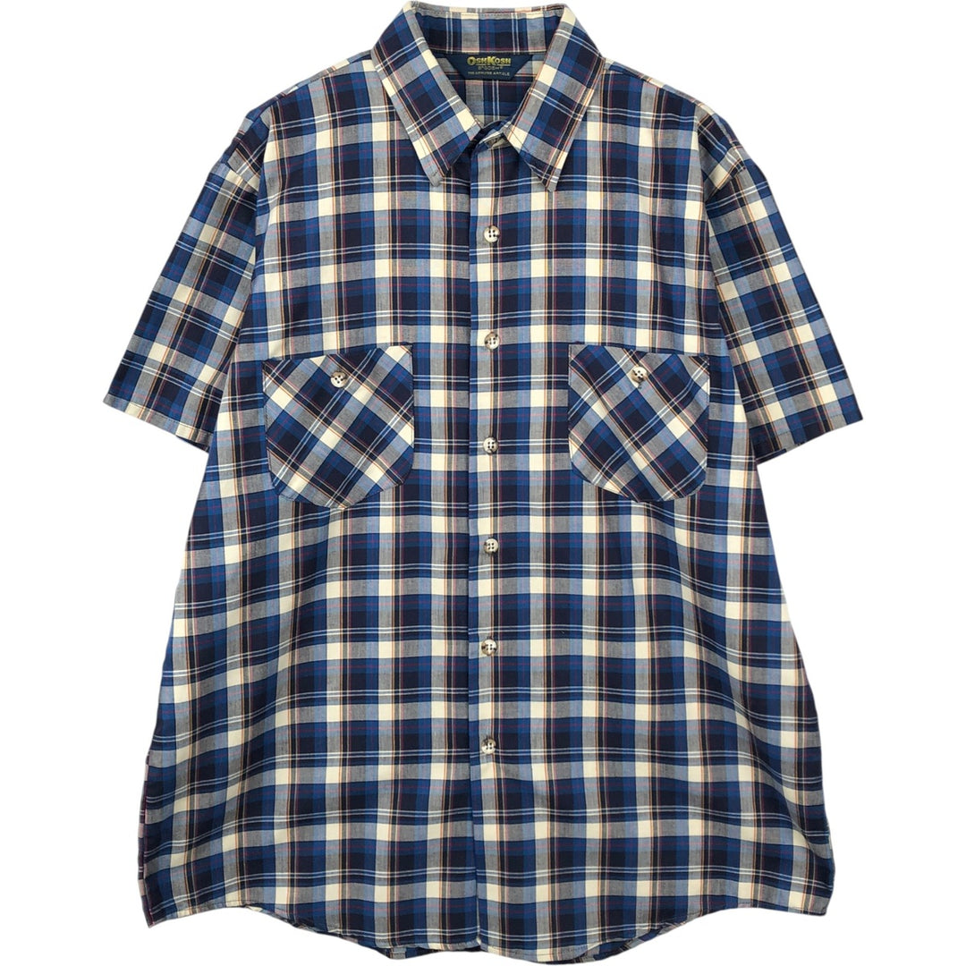 OshKosh B'Gosh Check Pattern Short-Sleeve Work Shirt, Men's XL (approx.), Vintage unclear blue type Vintage Second Hand