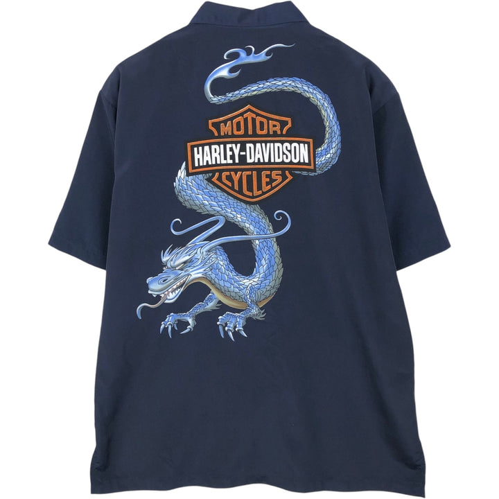 Harley-Davidson Dragon Pattern Open Collar Short Sleeve Work Shirt Box Shirt Men's Size M (approx.) polyester navy blue type Vintage Second Hand
