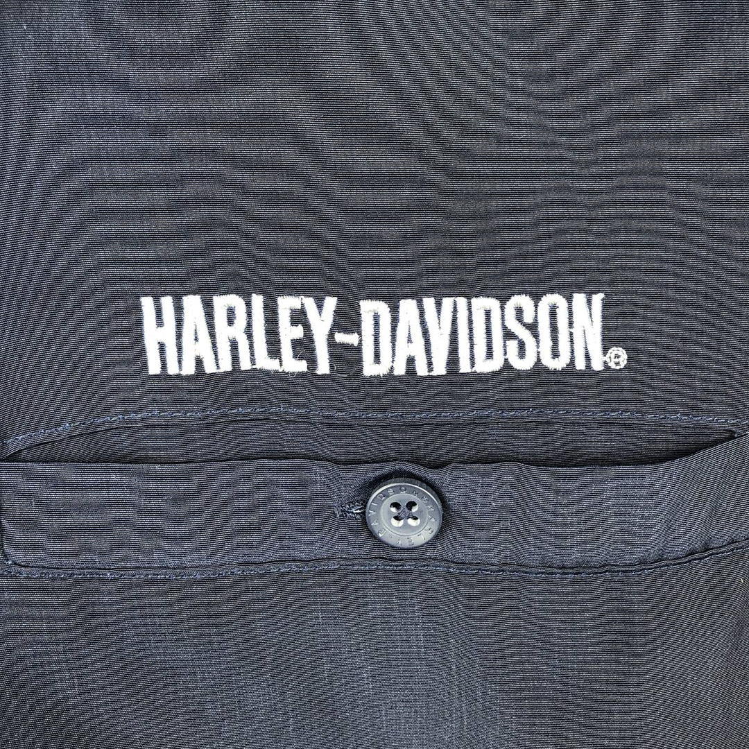 Harley-Davidson Dragon Pattern Open Collar Short Sleeve Work Shirt Box Shirt Men's Size M (approx.) polyester navy blue type Vintage Second Hand