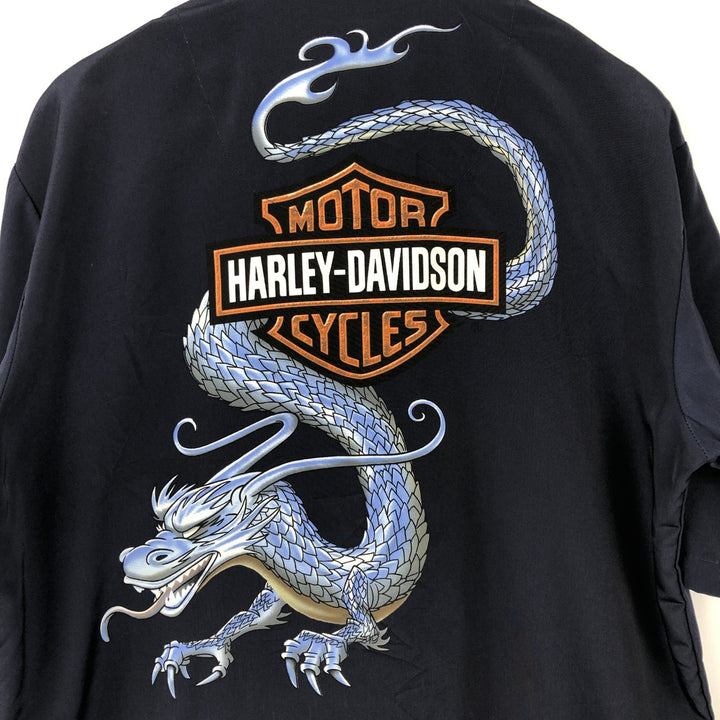 Harley-Davidson Dragon Pattern Open Collar Short Sleeve Work Shirt Box Shirt Men's Size M (approx.) polyester navy blue type Vintage Second Hand