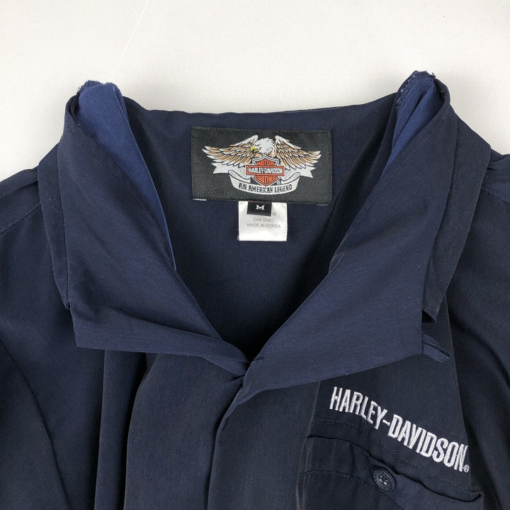 Harley-Davidson Dragon Pattern Open Collar Short Sleeve Work Shirt Box Shirt Men's Size M (approx.) polyester navy blue type Vintage Second Hand