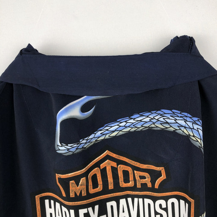 Harley-Davidson Dragon Pattern Open Collar Short Sleeve Work Shirt Box Shirt Men's Size M (approx.) polyester navy blue type Vintage Second Hand