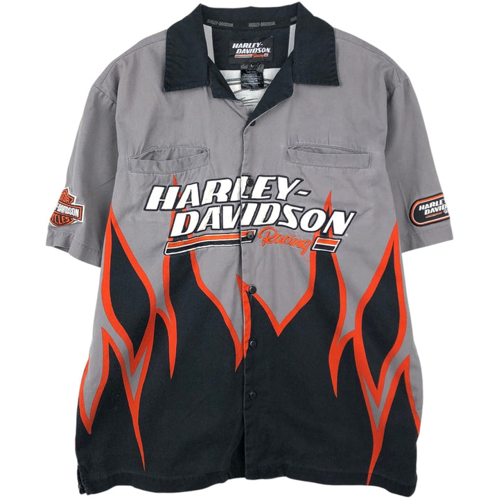 Harley-Davidson Fire Pattern Open Collar Short Sleeve Work Shirt, Boxy Shirt, Men's Size L (approx.) cotton Charcoal Vintage Second Hand
