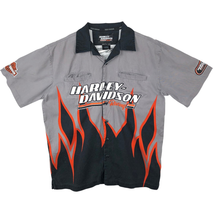 Harley-Davidson Fire Pattern Open Collar Short Sleeve Work Shirt, Boxy Shirt, Men's Size L (approx.) cotton Charcoal Vintage Second Hand