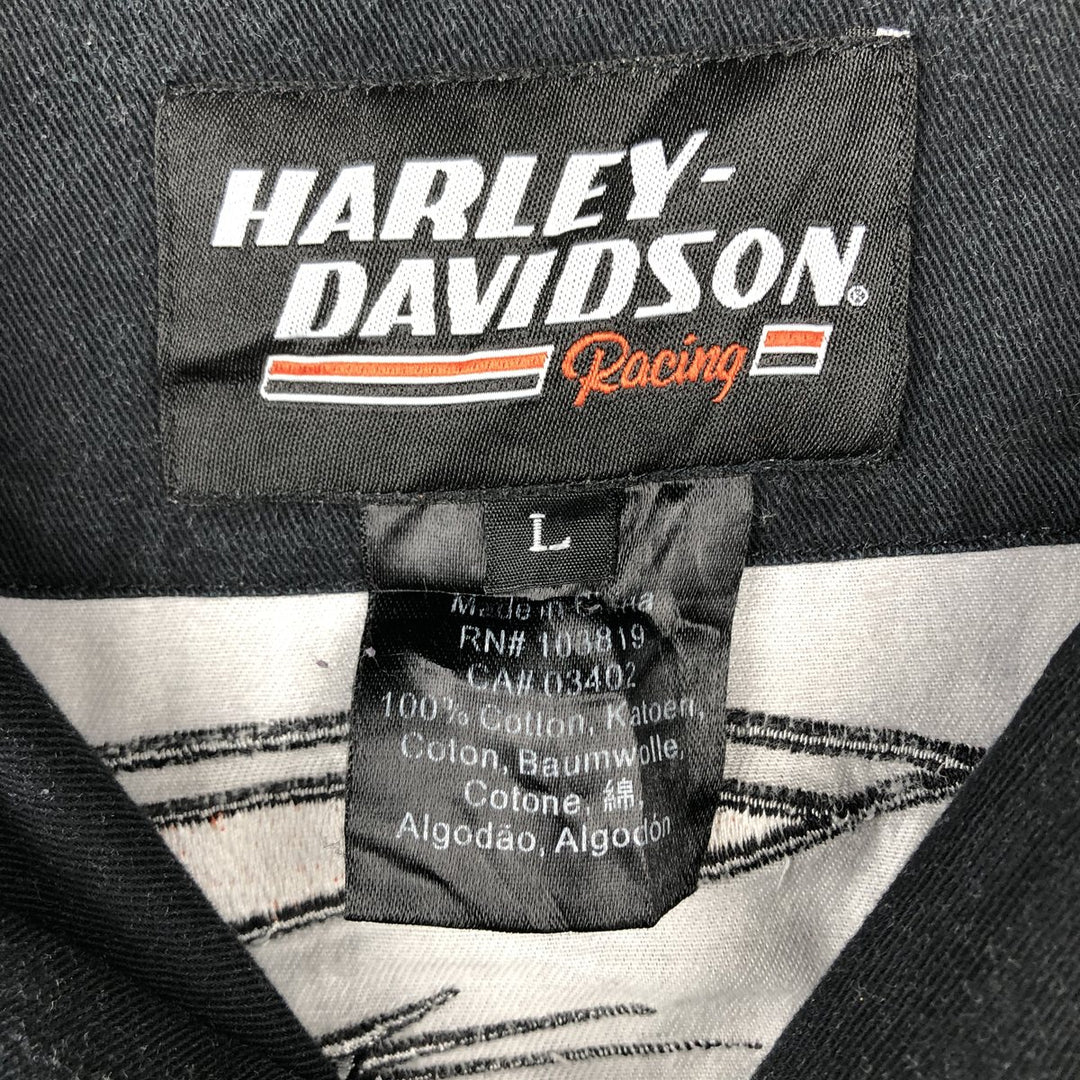 Harley-Davidson Fire Pattern Open Collar Short Sleeve Work Shirt, Boxy Shirt, Men's Size L (approx.) cotton Charcoal Vintage Second Hand