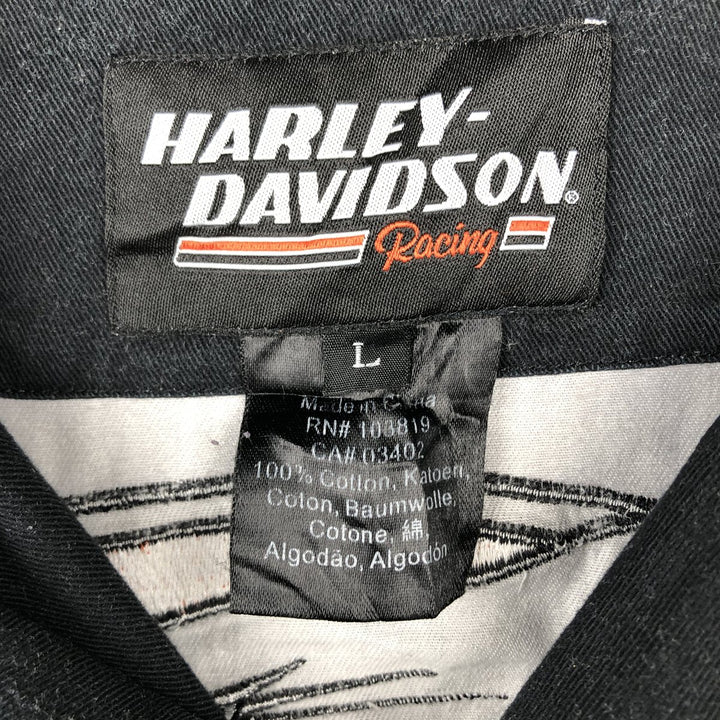 Harley-Davidson Fire Pattern Open Collar Short Sleeve Work Shirt, Boxy Shirt, Men's Size L (approx.) cotton Charcoal Vintage Second Hand