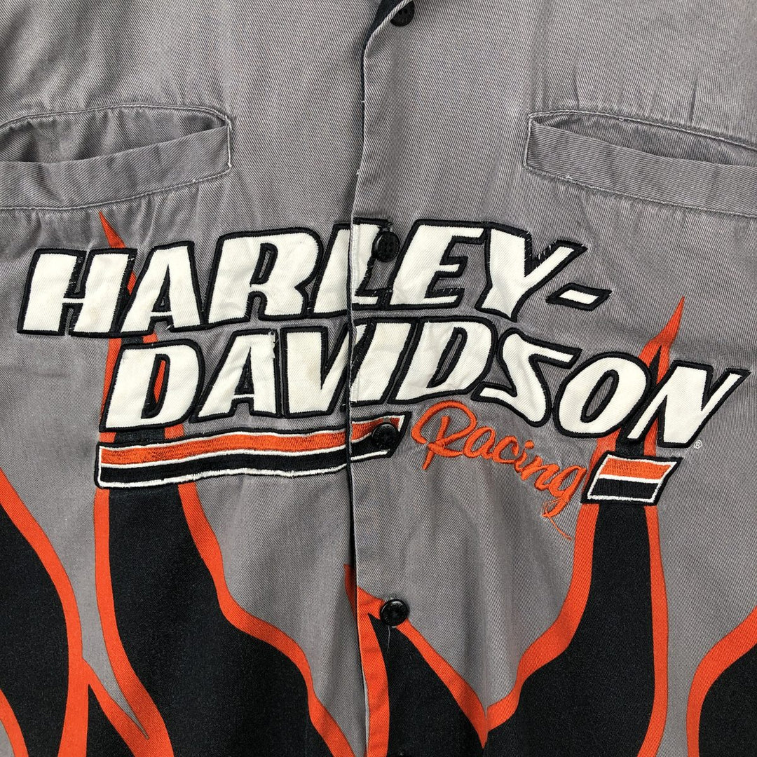 Harley-Davidson Fire Pattern Open Collar Short Sleeve Work Shirt, Boxy Shirt, Men's Size L (approx.) cotton Charcoal Vintage Second Hand