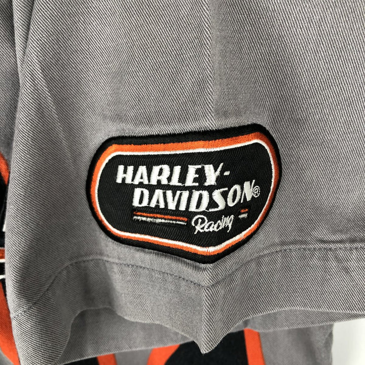 Harley-Davidson Fire Pattern Open Collar Short Sleeve Work Shirt, Boxy Shirt, Men's Size L (approx.) cotton Charcoal Vintage Second Hand