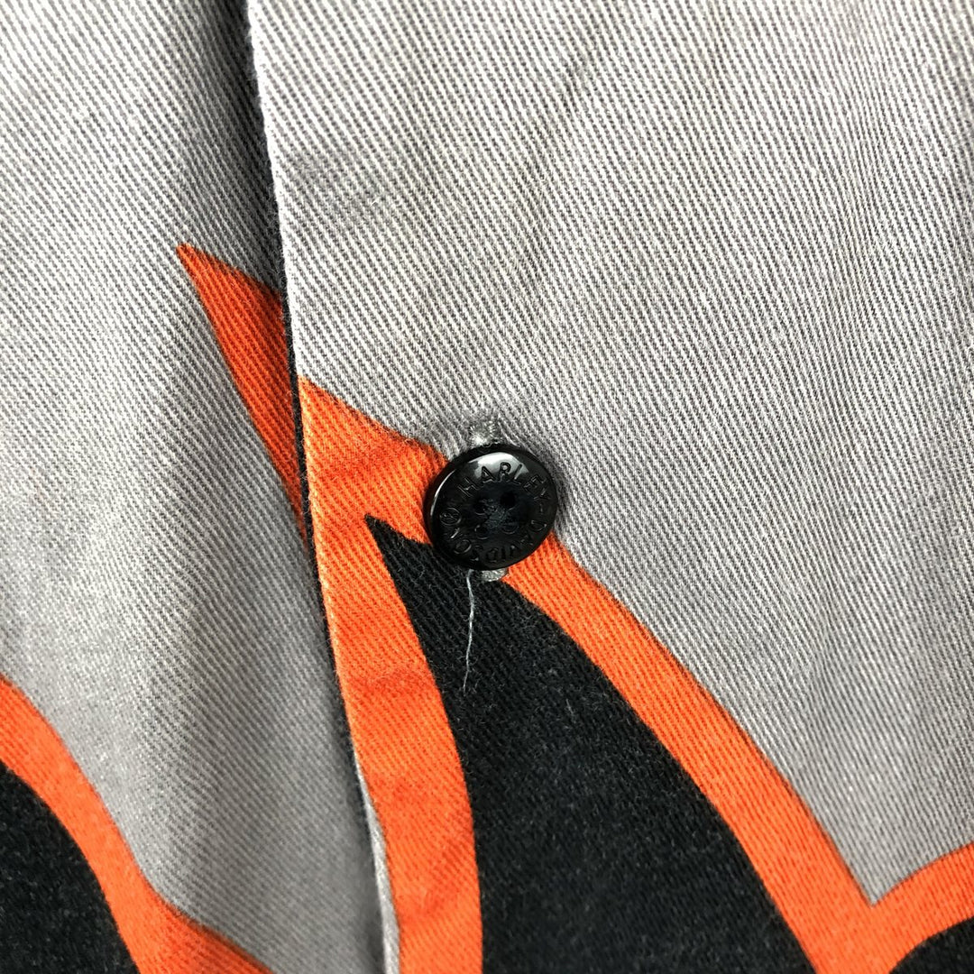 Harley-Davidson Fire Pattern Open Collar Short Sleeve Work Shirt, Boxy Shirt, Men's Size L (approx.) cotton Charcoal Vintage Second Hand