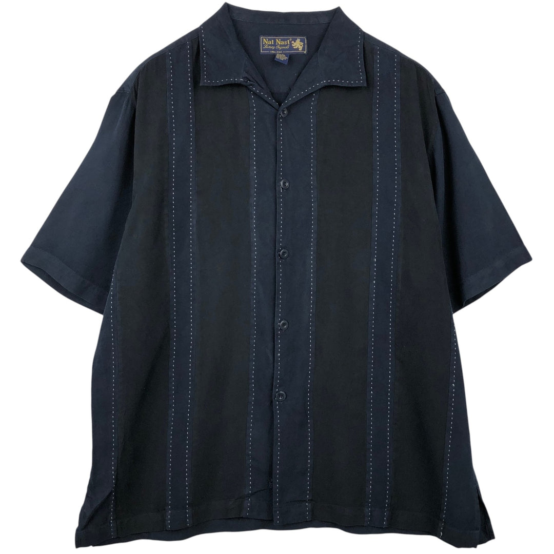 90'S Nat Nast Box Shirt, Short Sleeve, Open Collar, Silk Shirt, Men's Size L (approx.), Vintage silk navy blue type Vintage Second Hand