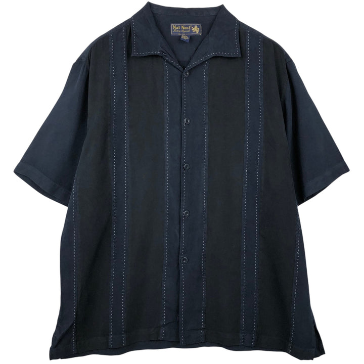 90'S Nat Nast Box Shirt, Short Sleeve, Open Collar, Silk Shirt, Men's Size L (approx.), Vintage silk navy blue type Vintage Second Hand