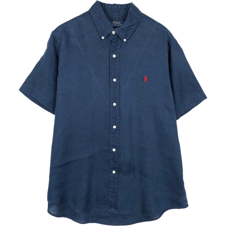 Ralph Lauren POLO RALPH LAUREN CLASSIC FIT Short-Sleeve Linen Button-Down Shirt, Men's Size L (approx.) linen navy blue type Vintage Second Hand
