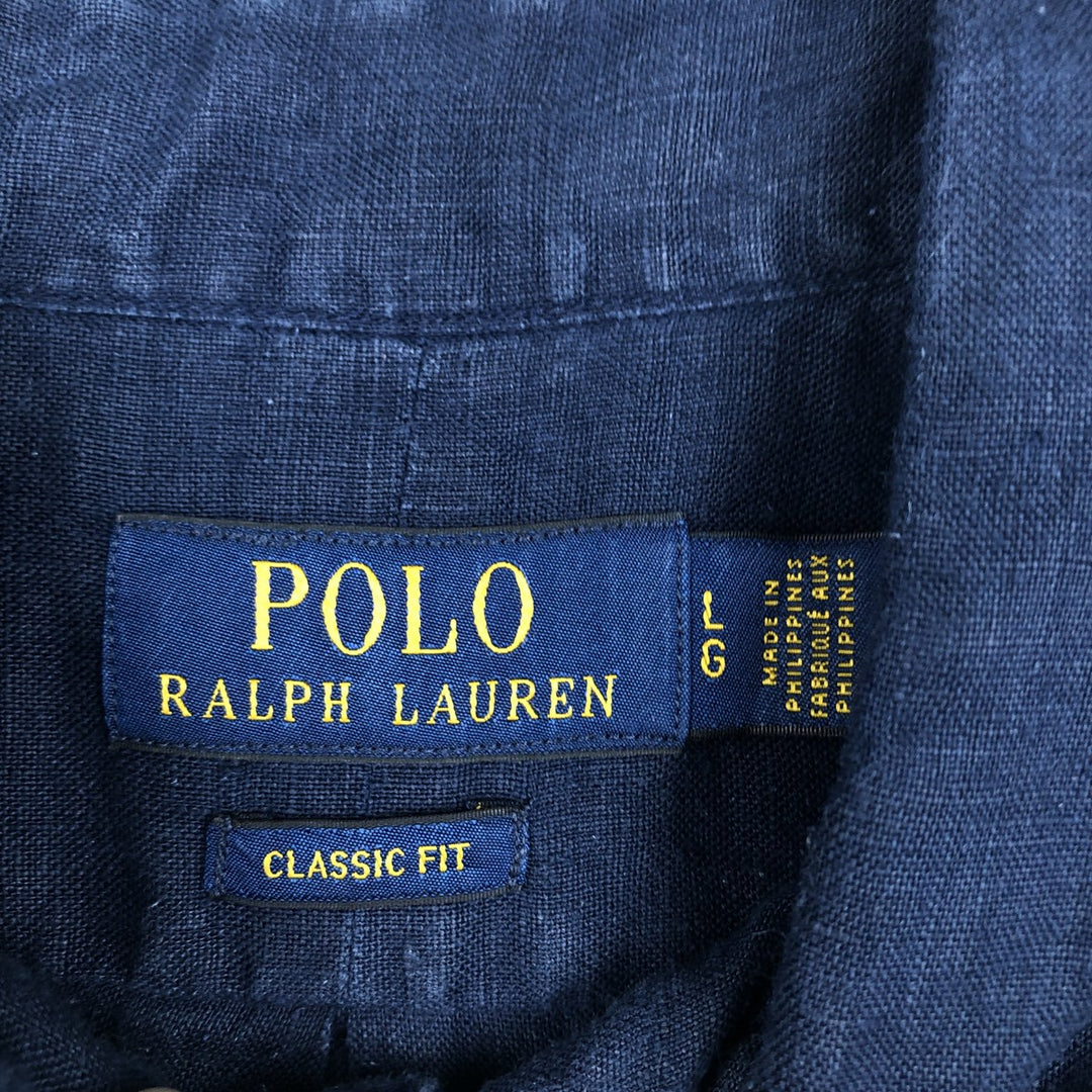Ralph Lauren POLO RALPH LAUREN CLASSIC FIT Short-Sleeve Linen Button-Down Shirt, Men's Size L (approx.) linen navy blue type Vintage Second Hand