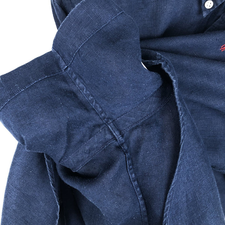 Ralph Lauren POLO RALPH LAUREN CLASSIC FIT Short-Sleeve Linen Button-Down Shirt, Men's Size L (approx.) linen navy blue type Vintage Second Hand