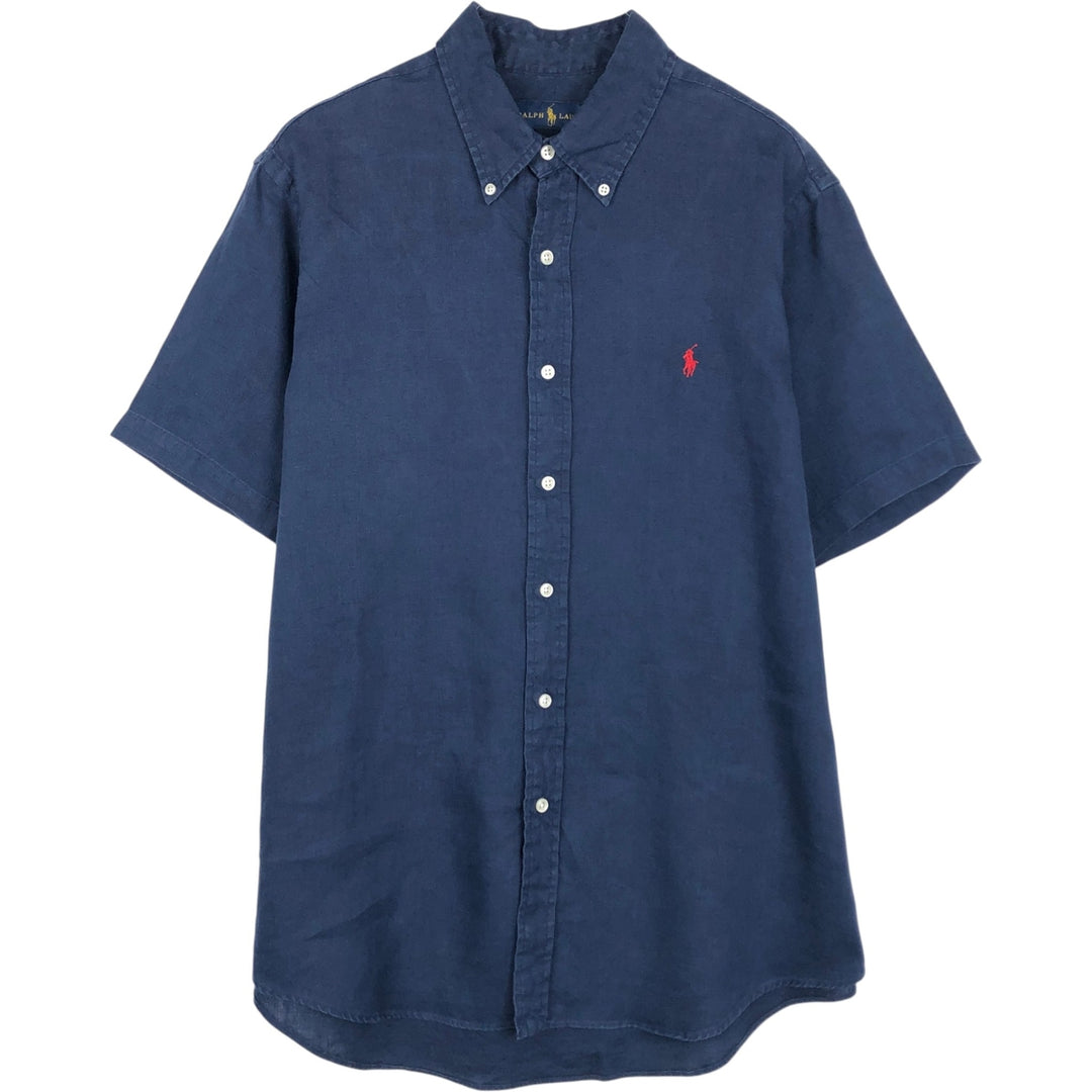 Ralph Lauren short sleeve linen button down shirt, men's size L linen navy blue type Vintage Second Hand