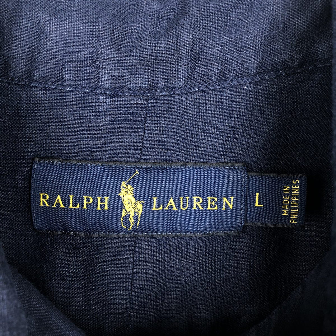 Ralph Lauren short sleeve linen button down shirt, men's size L linen navy blue type Vintage Second Hand