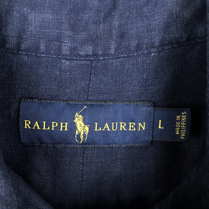 Ralph Lauren short sleeve linen button down shirt, men's size L linen navy blue type Vintage Second Hand