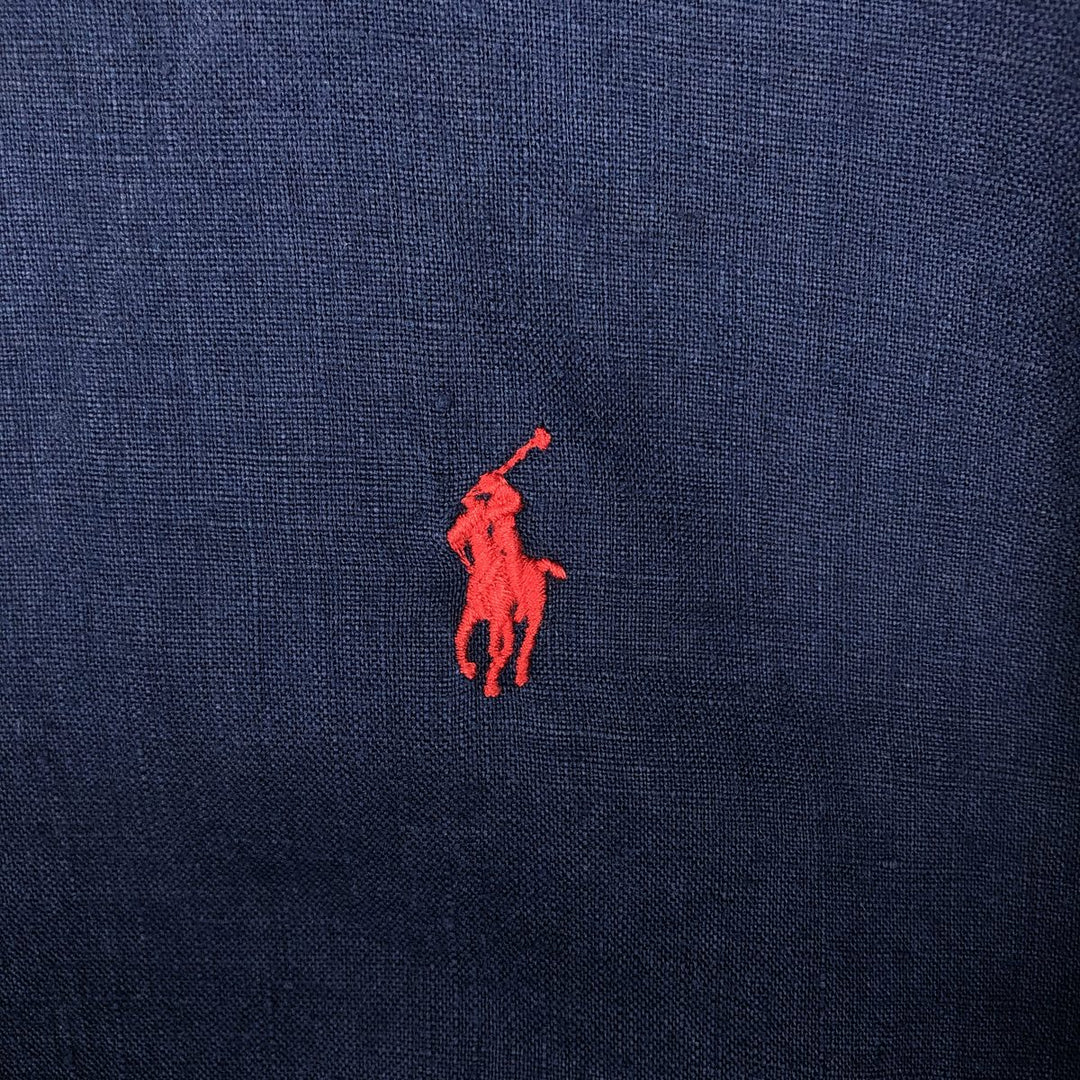Ralph Lauren short sleeve linen button down shirt, men's size L linen navy blue type Vintage Second Hand