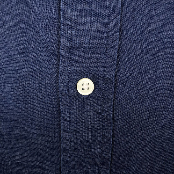 Ralph Lauren short sleeve linen button down shirt, men's size L linen navy blue type Vintage Second Hand