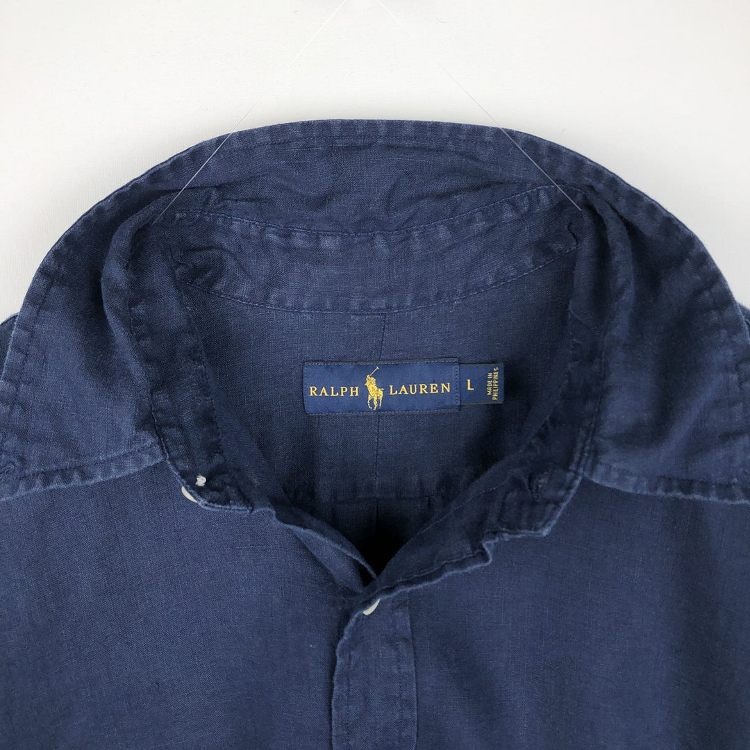 Ralph Lauren short sleeve linen button down shirt, men's size L linen navy blue type Vintage Second Hand