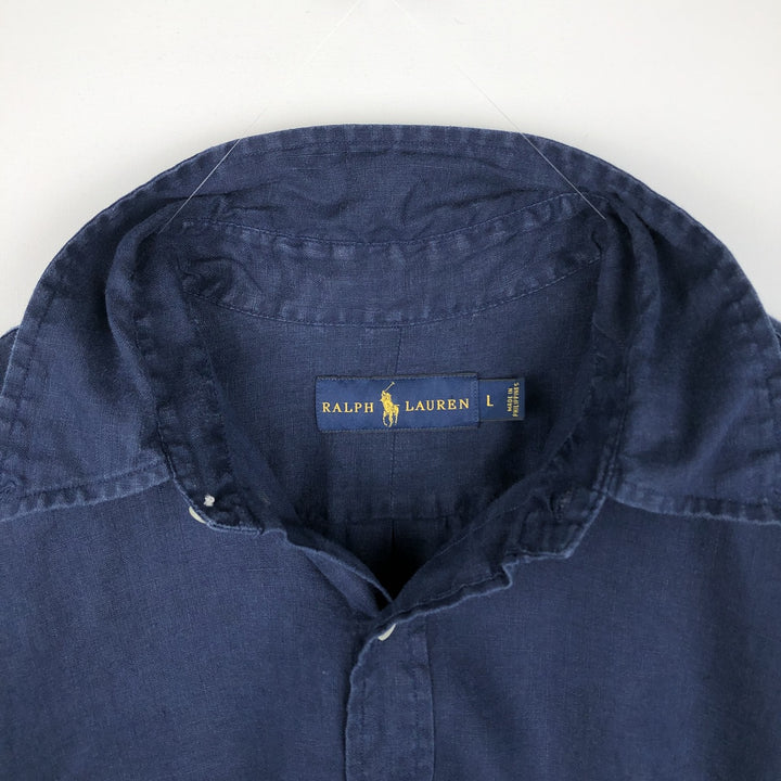 Ralph Lauren short sleeve linen button down shirt, men's size L linen navy blue type Vintage Second Hand