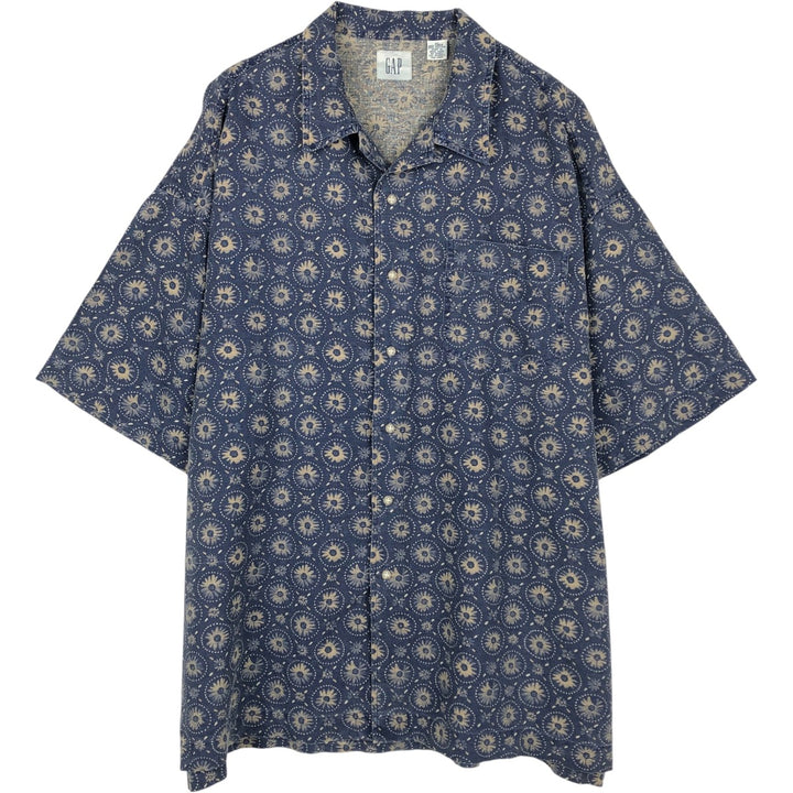 2000'S GAP all-over print short-sleeved open-collar linen shirt, boxy fit, men's size XL. linen navy blue type Vintage Second Hand