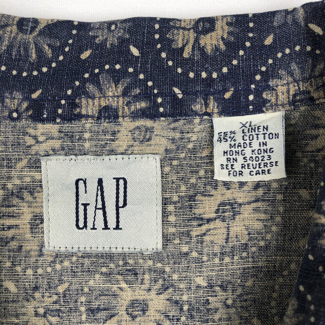 2000'S GAP all-over print short-sleeved open-collar linen shirt, boxy fit, men's size XL. linen navy blue type Vintage Second Hand