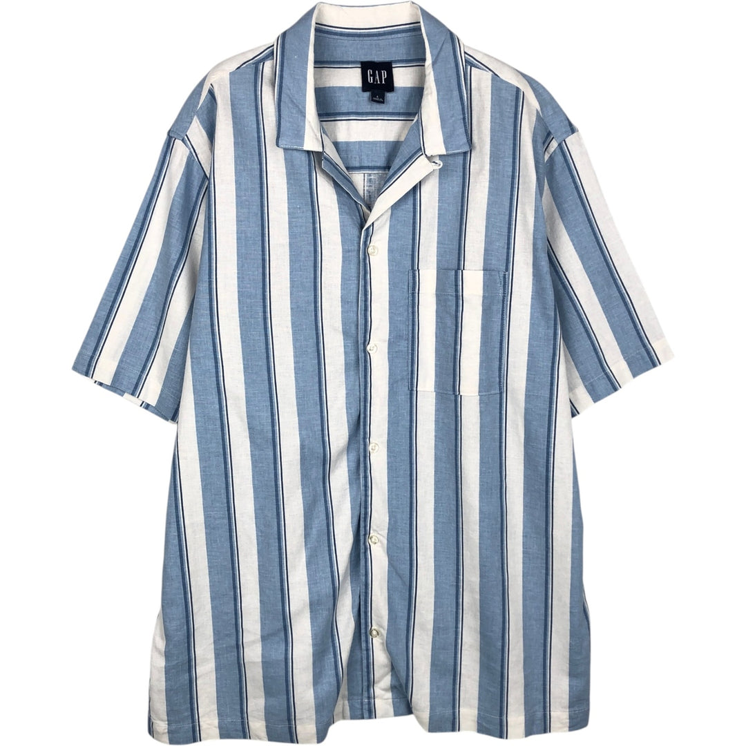 2000'S GAP Stripe Pattern Short-Sleeve Open Collar Rayon x Linen Shirt, Boxy Fit, Men's Size L (approx.) linen white type Vintage Second Hand