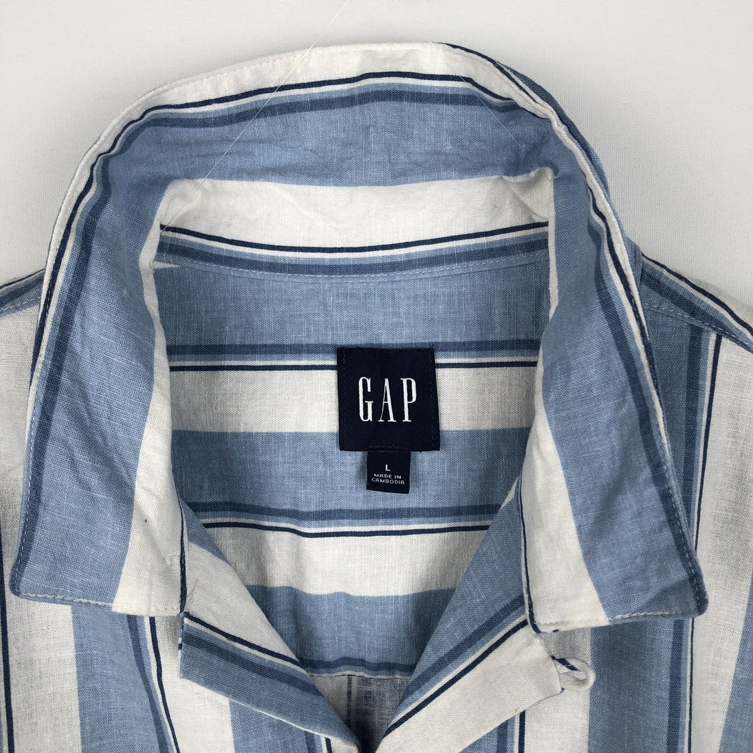 2000'S GAP Stripe Pattern Short-Sleeve Open Collar Rayon x Linen Shirt, Boxy Fit, Men's Size L (approx.) linen white type Vintage Second Hand