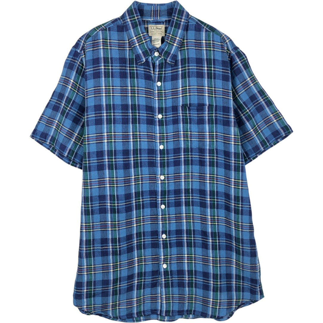 90s-00'S LLBean Check Pattern Short-Sleeve Linen Shirt, Men's Size L (approx.), Vintage linen blue type Vintage Second Hand
