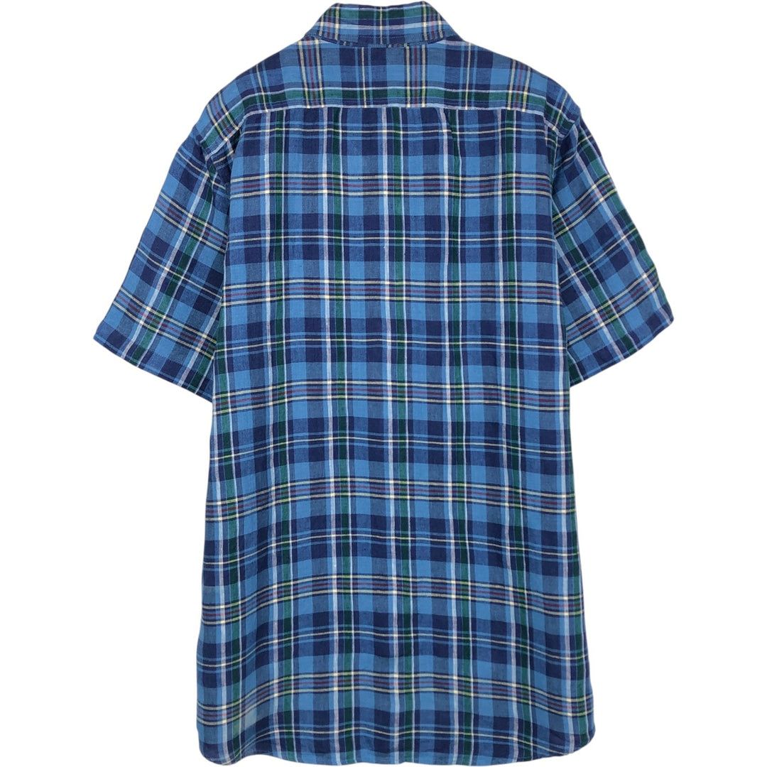 90s-00'S LLBean Check Pattern Short-Sleeve Linen Shirt, Men's Size L (approx.), Vintage linen blue type Vintage Second Hand