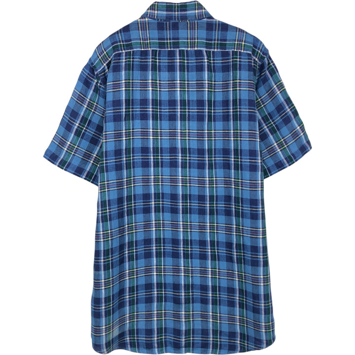 90s-00'S LLBean Check Pattern Short-Sleeve Linen Shirt, Men's Size L (approx.), Vintage linen blue type Vintage Second Hand