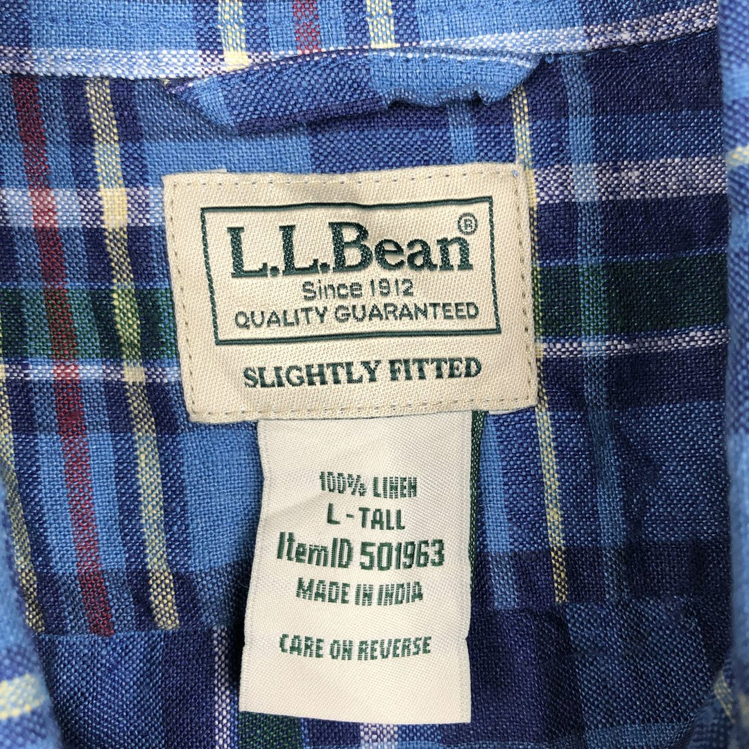 90s-00'S LLBean Check Pattern Short-Sleeve Linen Shirt, Men's Size L (approx.), Vintage linen blue type Vintage Second Hand