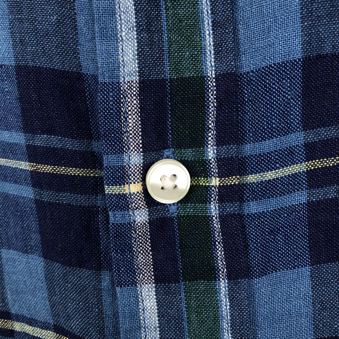 90s-00'S LLBean Check Pattern Short-Sleeve Linen Shirt, Men's Size L (approx.), Vintage linen blue type Vintage Second Hand