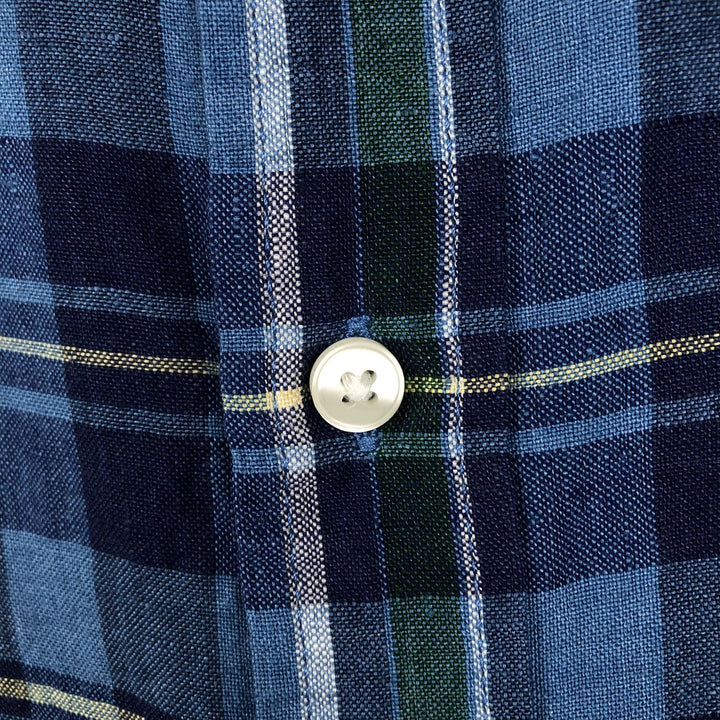 90s-00'S LLBean Check Pattern Short-Sleeve Linen Shirt, Men's Size L (approx.), Vintage linen blue type Vintage Second Hand