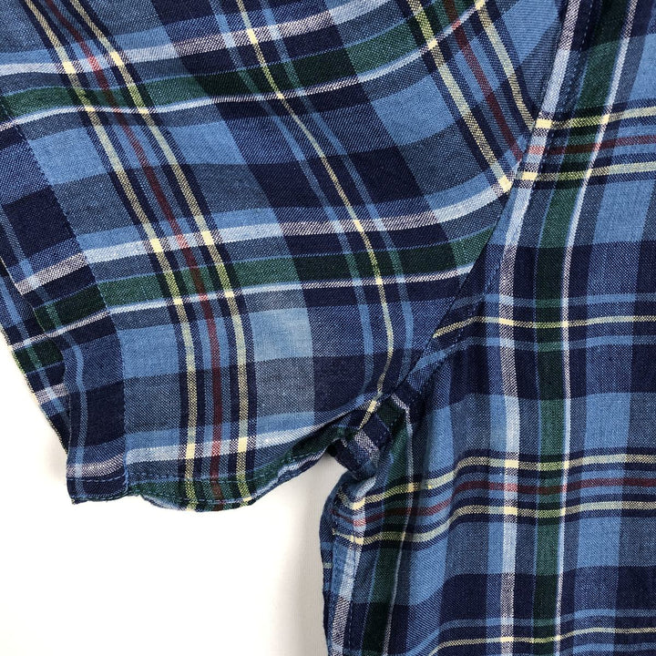 90s-00'S LLBean Check Pattern Short-Sleeve Linen Shirt, Men's Size L (approx.), Vintage linen blue type Vintage Second Hand