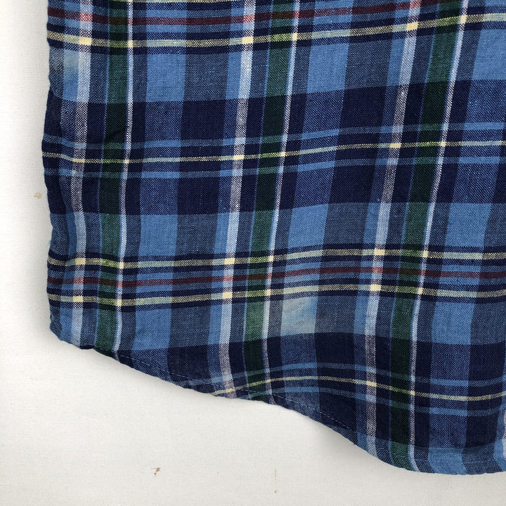 90s-00'S LLBean Check Pattern Short-Sleeve Linen Shirt, Men's Size L (approx.), Vintage linen blue type Vintage Second Hand