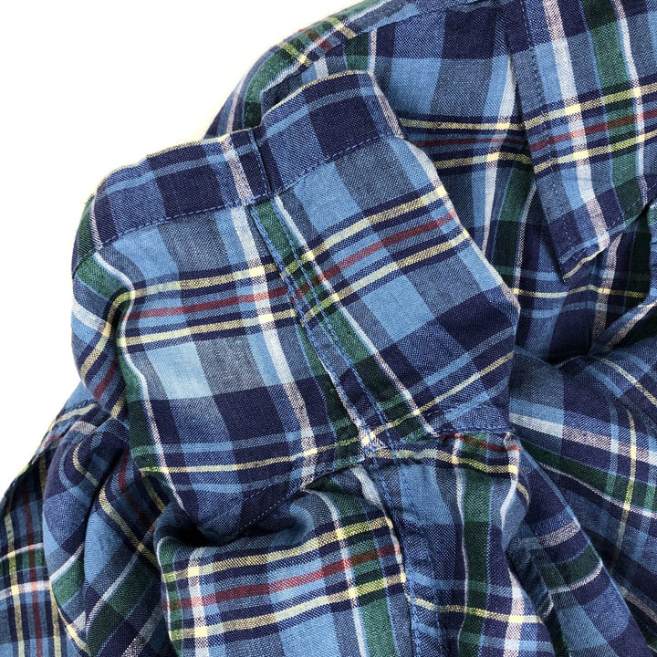 90s-00'S LLBean Check Pattern Short-Sleeve Linen Shirt, Men's Size L (approx.), Vintage linen blue type Vintage Second Hand