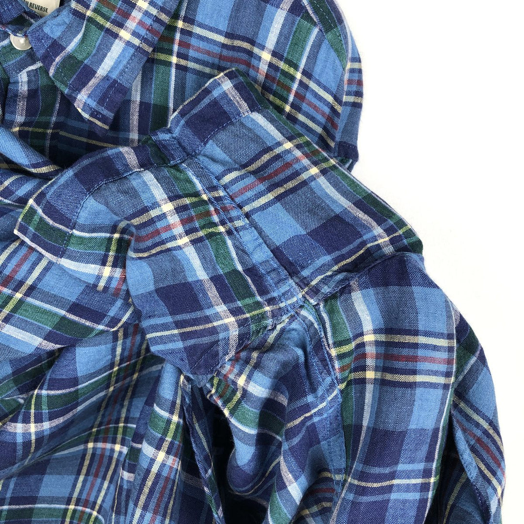 90s-00'S LLBean Check Pattern Short-Sleeve Linen Shirt, Men's Size L (approx.), Vintage linen blue type Vintage Second Hand