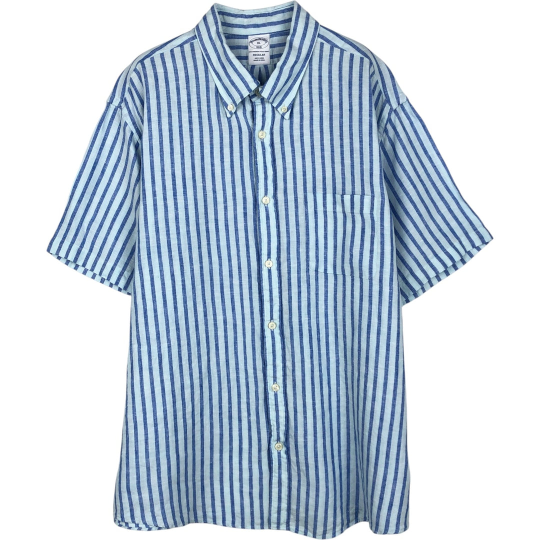 Brooks Brothers 1818 Stripe Pattern Short-Sleeve Linen Button-Down Shirt, Men's Size XL (approx.) linen Blue type light blue Vintage Second Hand