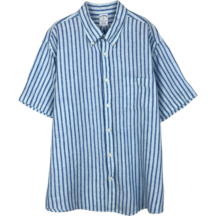 Brooks Brothers 1818 Stripe Pattern Short-Sleeve Linen Button-Down Shirt, Men's Size XL (approx.) linen Blue type light blue Vintage Second Hand