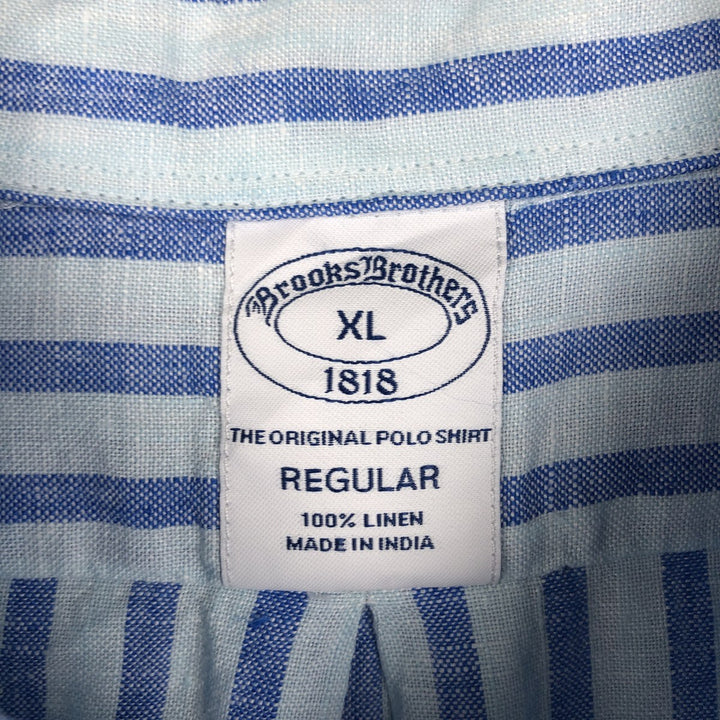Brooks Brothers 1818 Stripe Pattern Short-Sleeve Linen Button-Down Shirt, Men's Size XL (approx.) linen Blue type light blue Vintage Second Hand
