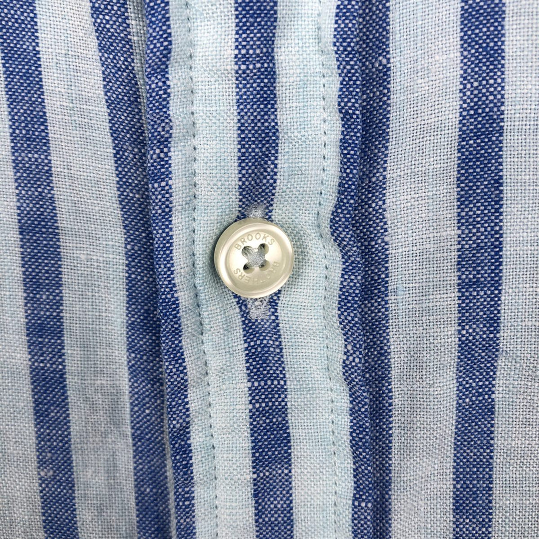 Brooks Brothers 1818 Stripe Pattern Short-Sleeve Linen Button-Down Shirt, Men's Size XL (approx.) linen Blue type light blue Vintage Second Hand