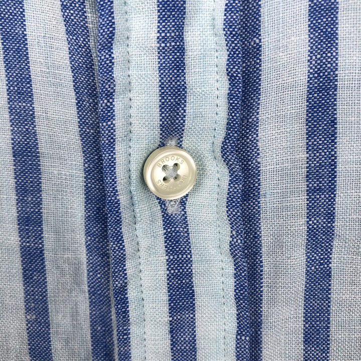 Brooks Brothers 1818 Stripe Pattern Short-Sleeve Linen Button-Down Shirt, Men's Size XL (approx.) linen Blue type light blue Vintage Second Hand