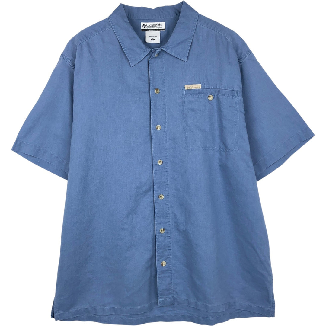 Columbia Short Sleeve Ramie x Cotton Shirt, Box Shirt, Men's Size L Lamy blue type Vintage Second Hand