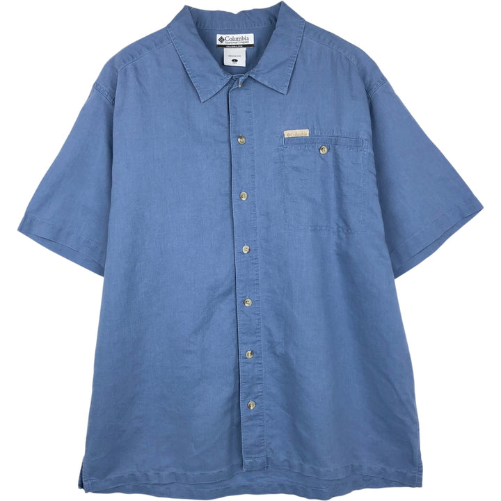 Columbia Short Sleeve Ramie x Cotton Shirt, Box Shirt, Men's Size L Lamy blue type Vintage Second Hand
