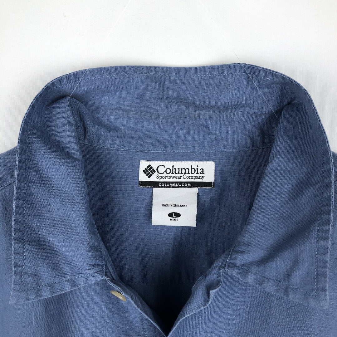 Columbia Short Sleeve Ramie x Cotton Shirt, Box Shirt, Men's Size L Lamy blue type Vintage Second Hand