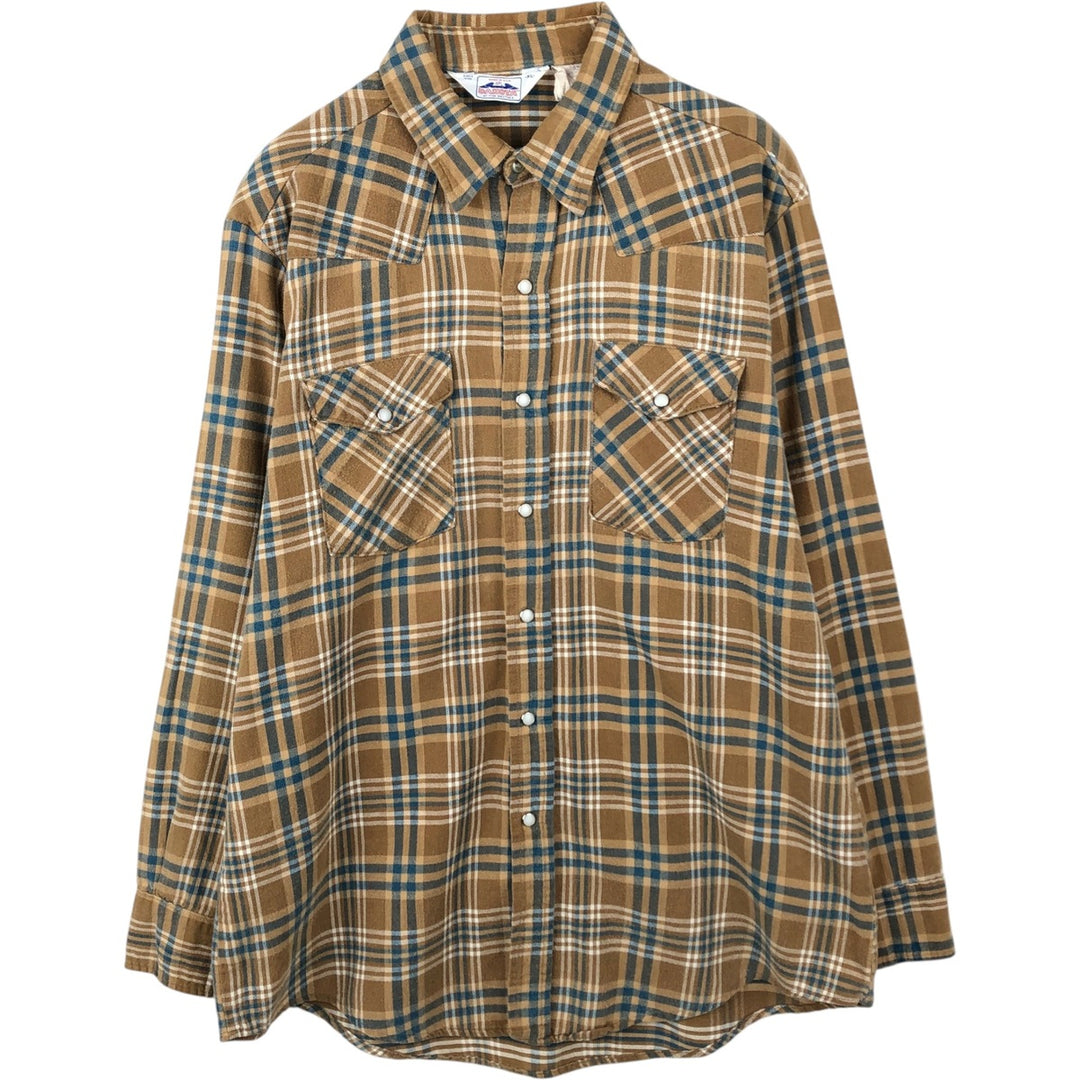 80'S Five Brother DAKOTA Check Pattern Long-Sleeve Flannel Check Shirt, Made in USA, Men's XL Equivalent, Vintage cotton Khaki type beige Vintage Second Hand