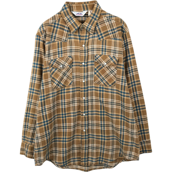 80'S Five Brother DAKOTA Check Pattern Long-Sleeve Flannel Check Shirt, Made in USA, Men's XL Equivalent, Vintage cotton Khaki type beige Vintage Second Hand